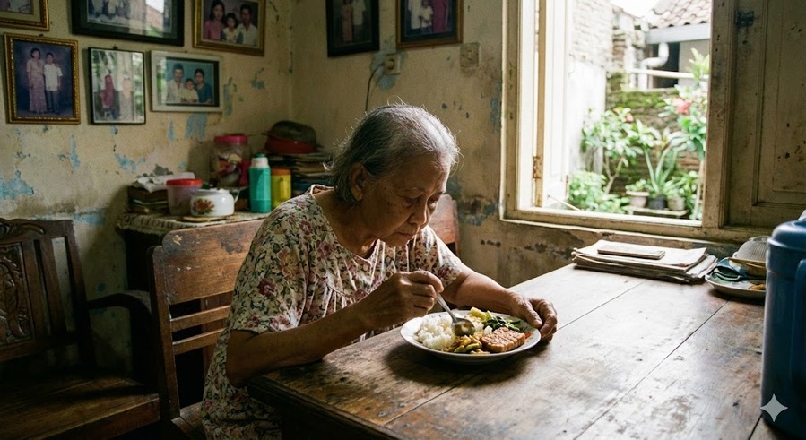 lansia makan sendirian