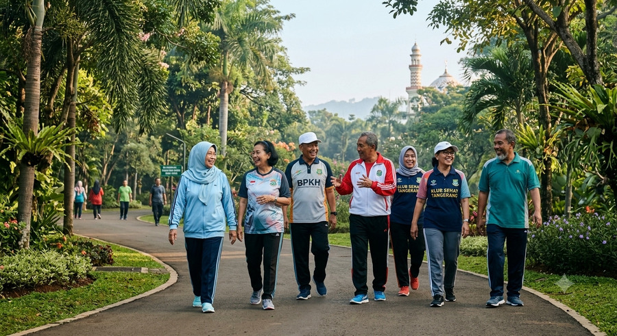 Lansia aktif berjalan bersama teman sebagai ilustrasi kebiasaan sehat yang mendukung umur panjang dan kualitas hidup di usia lanjut.