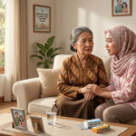 Seorang anggota keluarga menenangkan lansia yang mengalami halusinasi di rumah dengan suasana nyaman dan aman.