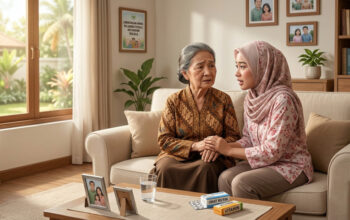 Seorang anggota keluarga menenangkan lansia yang mengalami halusinasi di rumah dengan suasana nyaman dan aman.