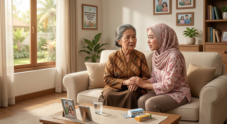 Seorang anggota keluarga menenangkan lansia yang mengalami halusinasi di rumah dengan suasana nyaman dan aman.