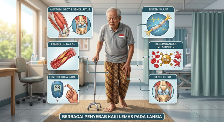 Seorang lansia memegang kaki yang terasa lemas saat berjalan sebagai ilustrasi berbagai penyebab kelemahan otot pada usia lanjut.