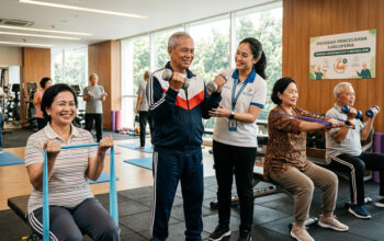Seorang lansia melakukan latihan penguatan otot menggunakan dumbbell ringan sebagai upaya mencegah sarcopenia dan menjaga metabolisme tubuh.