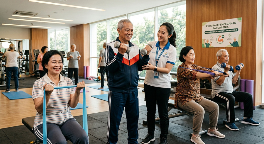 Seorang lansia melakukan latihan penguatan otot menggunakan dumbbell ringan sebagai upaya mencegah sarcopenia dan menjaga metabolisme tubuh.