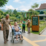 Ilustrasi pasangan lansia menikmati liburan di destinasi wisata ramah lansia dengan fasilitas kursi roda dan area istirahat.