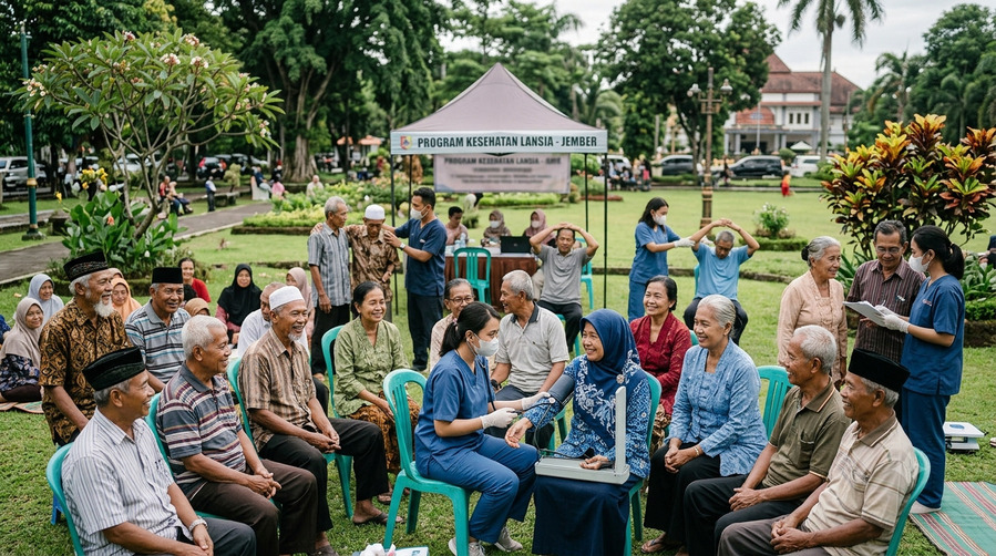 Sekelompok lansia Indonesia mengikuti kegiatan kesehatan dan sosial di Kabupaten Jember, Jawa Timur.