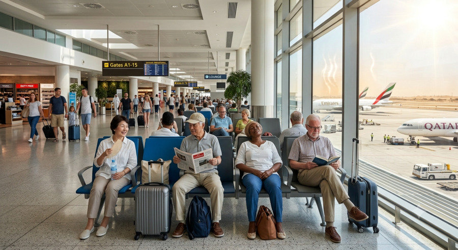 Lansia Korea Selatan duduk di terminal bandara saat gelombang panas ekstrem