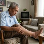 Lansia memeriksa pembengkakan pada kaki yang dapat menjadi tanda limfedema