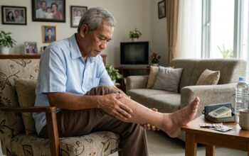 Lansia memeriksa pembengkakan pada kaki yang dapat menjadi tanda limfedema