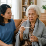 Seorang lansia mengenakan selimut sambil memegang termometer karena mengalami meriang dan menggigil sebagai tanda awal gangguan kesehatan.