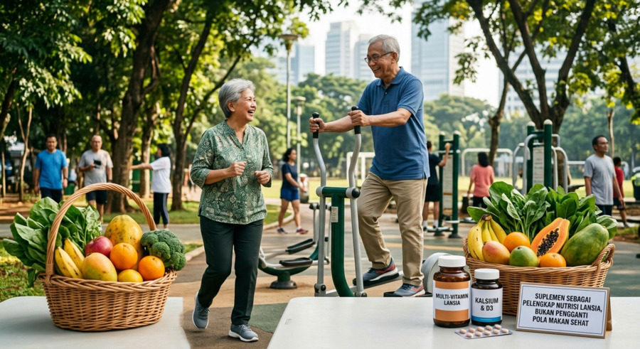 Suplemen untuk lansia berupa vitamin dan mineral untuk mendukung kesehatan tulang dan tubuh