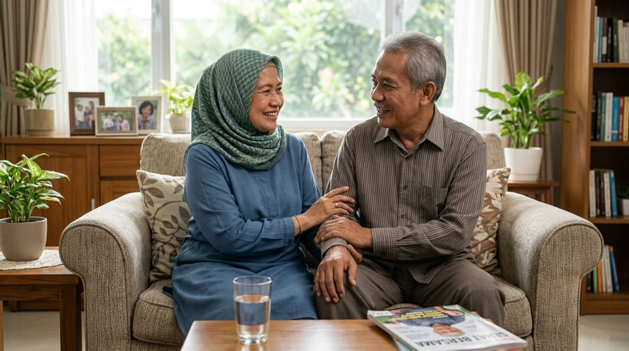 Pasangan lansia berbicara dan menjaga kedekatan dalam kehidupan rumah tangga